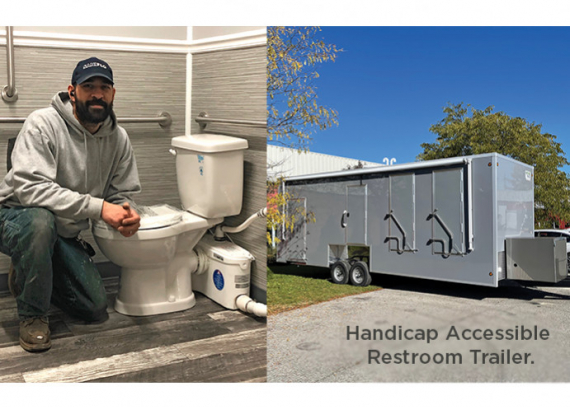 Custom trailer manufacturer chooses Saniflo above-floor grinding and shower solution for ADA-compliant public restroom and shower trailers